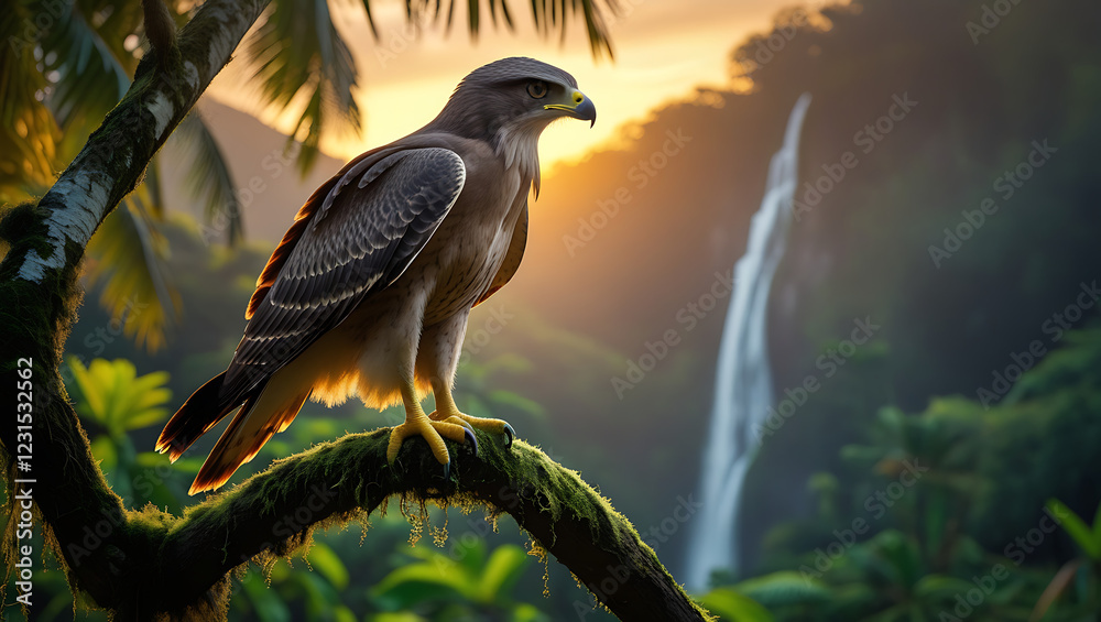 Fototapeta premium Javan Hawk on its habitat, Javanese Forest, extinct animal sunset, tropical forest, river, created by generative ai