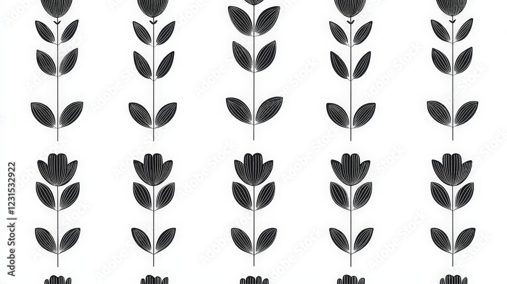 Black and White Floral Pattern: A minimalist floral pattern featuring stylized black tulips in a seamless repeat design, ideal for adding a touch of elegant simplicity to your projects. Black and White Floral Pattern: A minimalist floral pattern featuring stylized black tulips in a seamless repeat design, ideal for adding a touch of elegant simplicity to your projects.