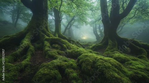 Mystical mossy forest path, sunlight, fog, fantasy background, nature wallpaper