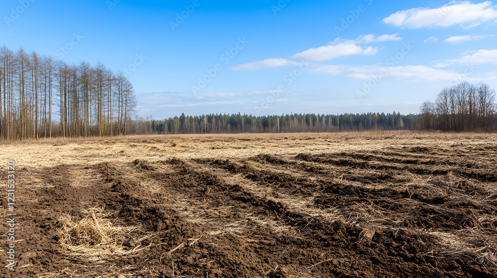 A vast, plowed field under a clear blue sky, bordered by trees, showcasing the preparation of land for agriculture or cultivation A vast, plowed field under a clear blue sky, bordered by trees, showcasing the preparation of land for agriculture or cultivation