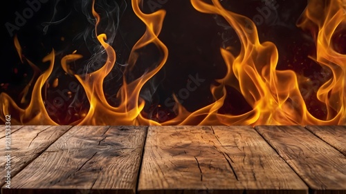 Rustic blank wooden table mockup & burning fire flames background for food & product placement. showcasing advertisement promotion commercial presentation