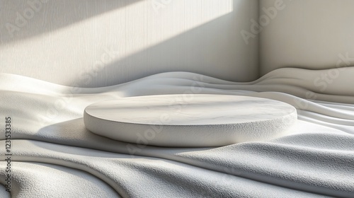 White minimalist podium with wavy fabric backdrop in soft lighting

