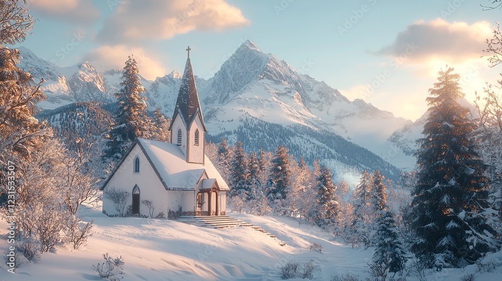 Fototapeta premium Idyllic Winter Landscape with a Chapel in the Alps