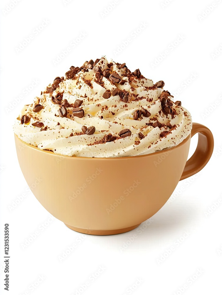 Creamy coffee drink, whipped cream, coffee beans, beige mug, white background, dessert menu Creamy coffee drink, whipped cream, coffee beans, beige mug, white background, dessert menu