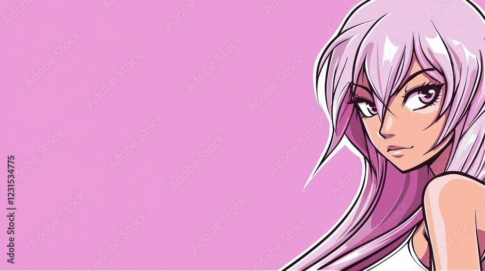 Anime girl, pink background, looking over shoulder, graphic design Anime girl, pink background, looking over shoulder, graphic design