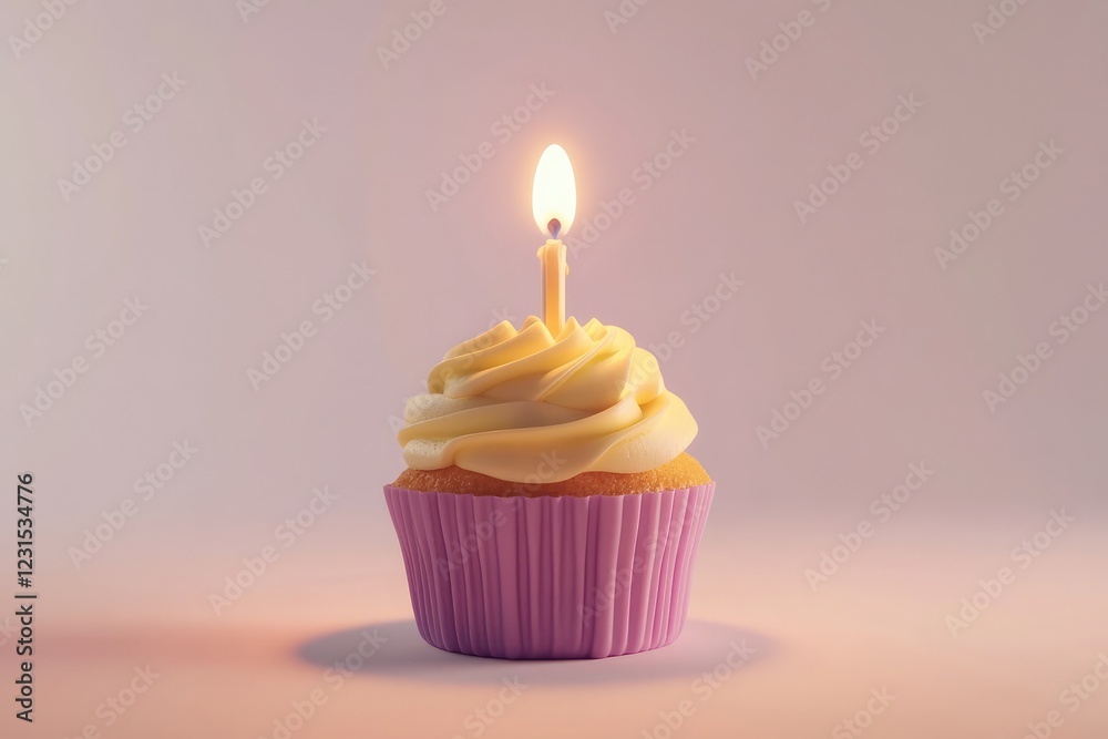 Birthday cupcake with a lit candle on a light background, perfect for festive celebrations and party designs Birthday cupcake with a lit candle on a light background, perfect for festive celebrations and party designs