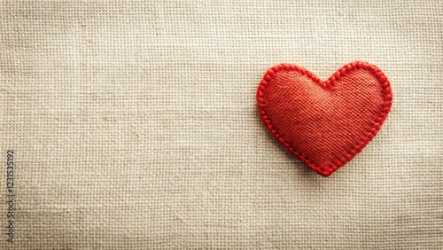 A single red stitched heart rests on a textured beige fabric background