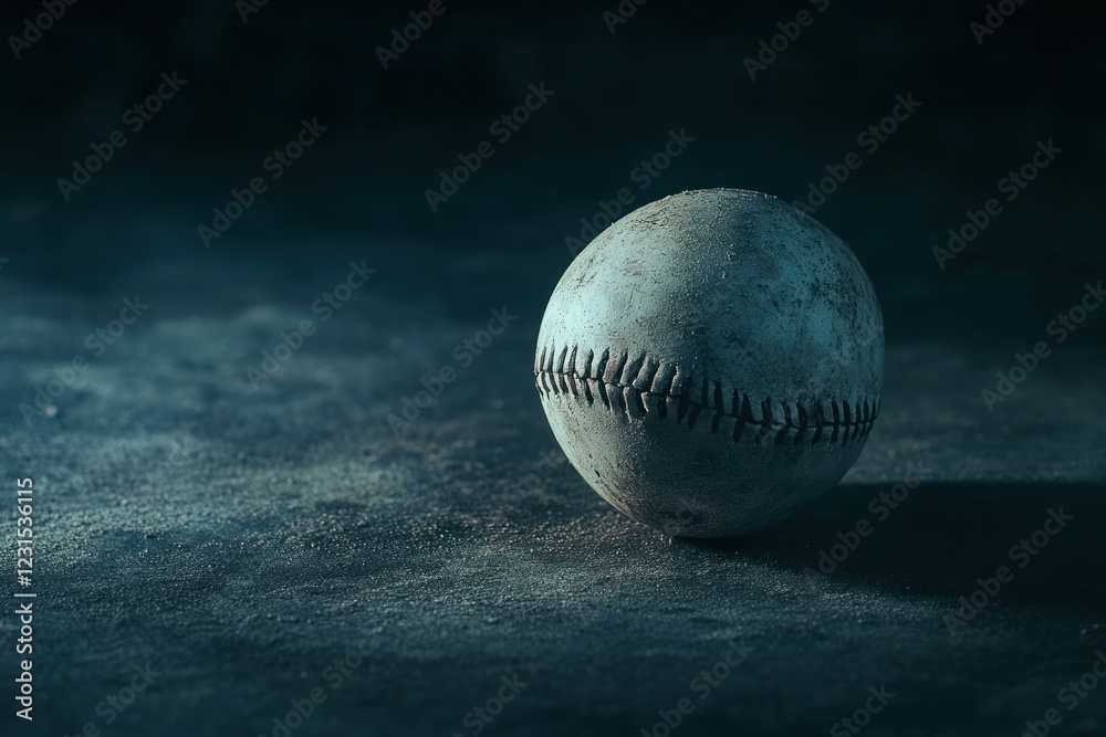 Worn baseball, night game, dusty field, nostalgic sports Worn baseball, night game, dusty field, nostalgic sports