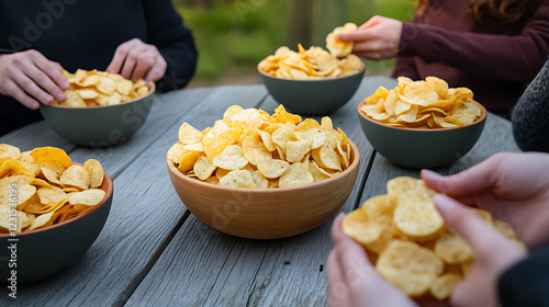 Friends gather around bowls of potato chips. Hands reach for snacks. Casual setting. Social interaction. Enjoyment, relaxation. Friendly gathering. Sharing chips creates connection, fun. Everyone photo