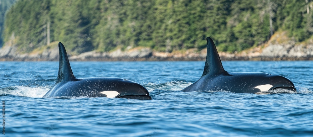 Two orcas swimming side by side in vibrant blue ocean water, with lush green coastline in the background highlighting their graceful movement. Two orcas swimming side by side in vibrant blue ocean water, with lush green coastline in the background highlighting their graceful movement.