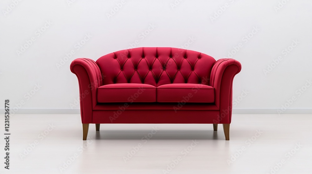 Elegant red tufted sofa positioned centrally in a minimalistic room with white walls and wooden floor Elegant red tufted sofa positioned centrally in a minimalistic room with white walls and wooden floor
