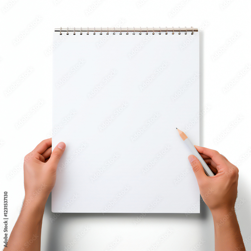 Obraz premium Hands Holding a Blank Spiral-Bound Sketchbook with a Pencil
