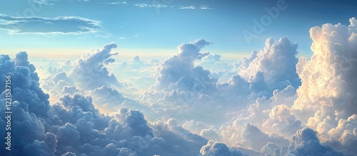 Cloudy sky view from an airplane window featuring soft white clouds with a hint of blue sky above a serene landscape creating a tranquil atmosphere