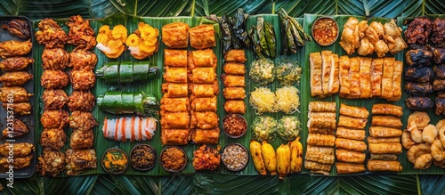 Vibrant array of colorful Thai street food displayed on green banana leaves with diverse textures and shapes in a lively market setting.