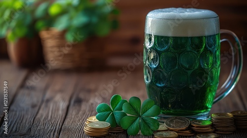 Green beer, shamrocks, coins, wood, St. Patrick's Day celebration photo