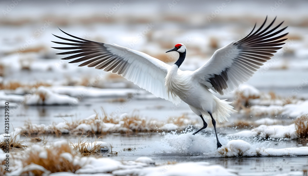Red-crowned Crane Landing on Snowy Lake Winter Wildlife Photography Red-crowned Crane Landing on Snowy Lake Winter Wildlife Photography