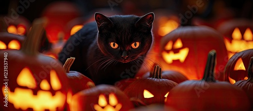 Spooky black cat with glowing yellow eyes nestled among orange jack o lanterns of various sizes glowing in the dark perfect for Halloween themes photo