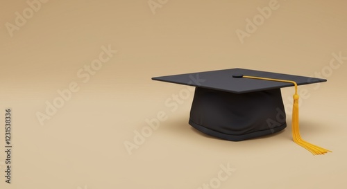 Black graduation cap with yellow tassel on a soft beige background photo