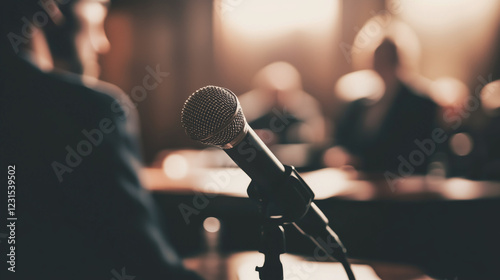 A microphone in focus at a formal event, with blurred figures in the background, symbolizing public speaking, legal proceedings, or official debates.  
