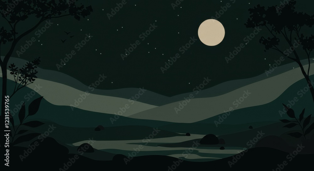 Fototapeta premium Serene night landscape with a full moon illuminating tranquil hills