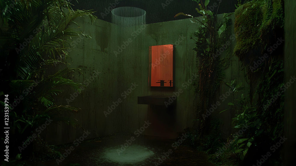 Tropical rain shower, outdoor bathroom, lush plants, nighttime ambiance, relaxation Tropical rain shower, outdoor bathroom, lush plants, nighttime ambiance, relaxation