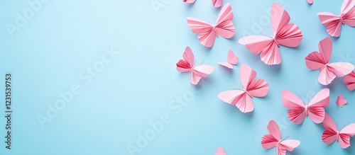 Aerial view of delicate pink paper butterflies scattered on a soft blue background with expansive copy space for creative design purposes photo