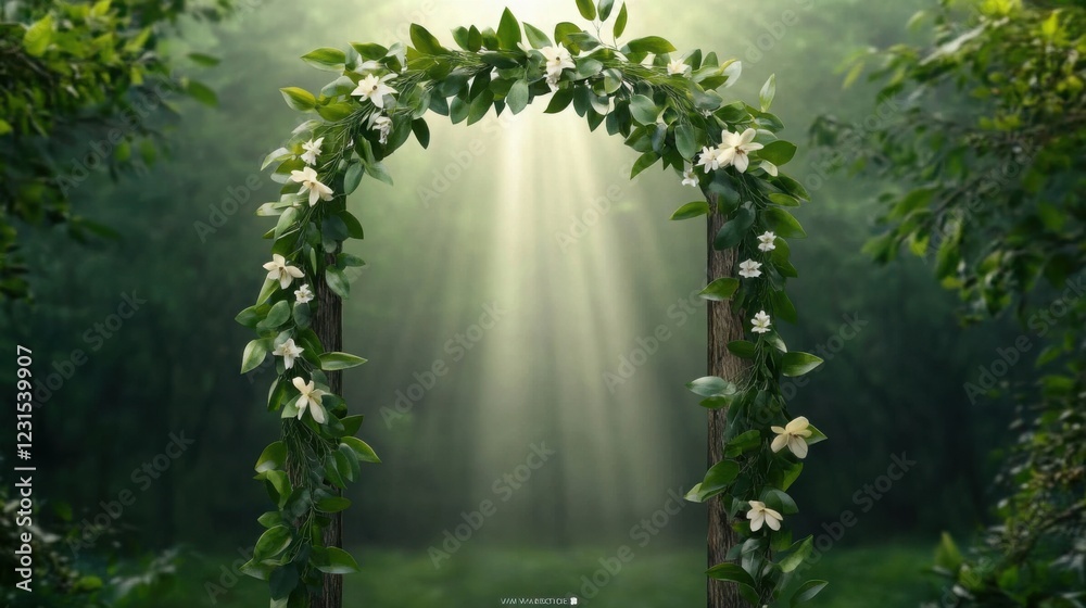 Fototapeta premium A rustic floral arch made of wildflowers and greenery, placed in a dense forest clearing with sunlight streaming through the trees