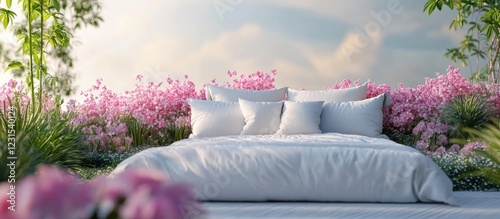 Fototapeta Naklejka Na Ścianę i Meble -  Serene bedroom scene featuring a white bed with plush pillows surrounded by vibrant pink flowers and lush greenery under a soft blue sky