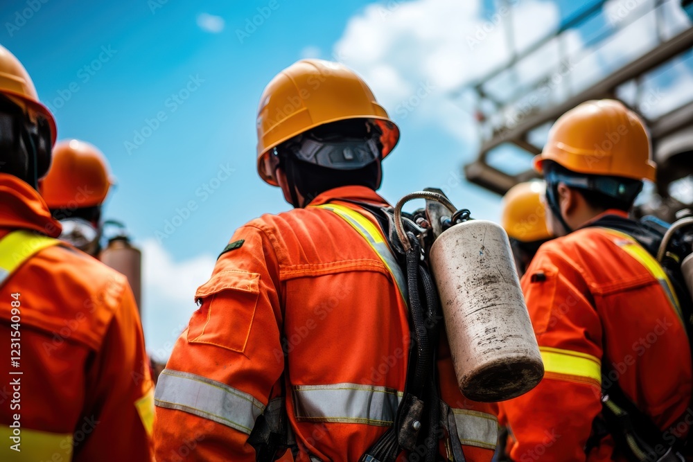 Fototapeta premium Workers in safety gear inspecting industrial site for maintenance and safety protocols. Team of professionals with helmets and oxygen tanks preparing for operation.