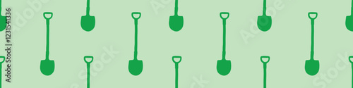Seamless pattern with garden shovels, spades, scoops. Vector green backgrounds and textures with tools for working on the farm, in dacha, country site in flat style