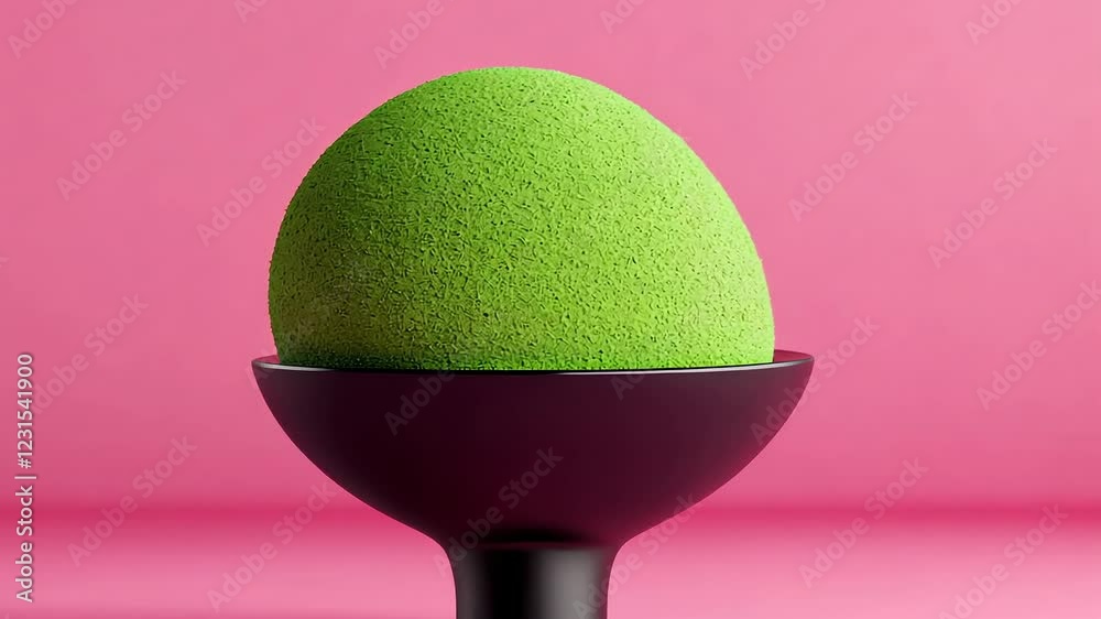 Green ball is sitting in a black bowl on a pink background. The bowl is small and the ball is large, creating a sense of contrast and balance. The green color of the ball