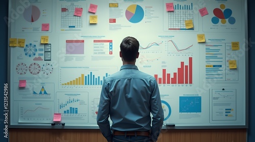 A man standing in front of a huge board with charts, graphs and sticky notes symbolizing the idea generation process
