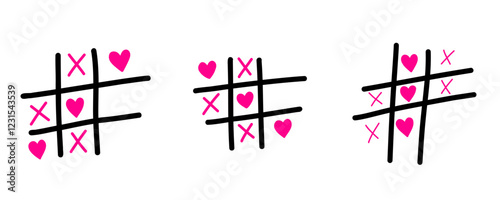 Tic tac toe with heart and cross doodle. You Won my heart. Hand drawn sketch Valentines Day tic tac toe game. X-O love game. Win in tictactoe. Vector doodle illustration isolated on white background.