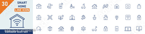 Smart Home line icon set. Set of 30 outline icons related to smart home, smart door lock, smart phone, smart lock, router, smart switch, keyless and others. Editable stroke. Vector illustration.