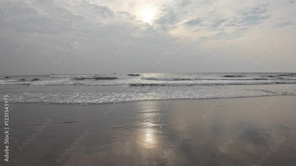 Rolling Ocean Waves At Black Sand Beach Blue Sky Reflect On Beach Sand Rolling Ocean Waves At Black Sand Beach Blue Sky Reflect On Beach Sand