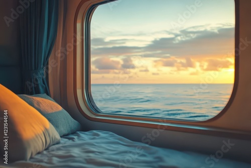 Sunrise ocean view from ship cabin bed