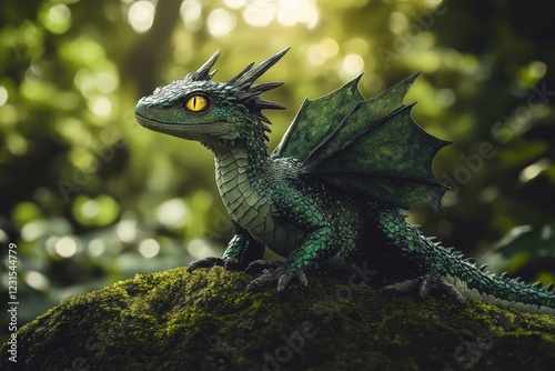 Dragon, mythical creature resting on mossy stone in enchanted forest, showcasing fantasy elements of nature and magic with vibrant colors and detailed textures.
