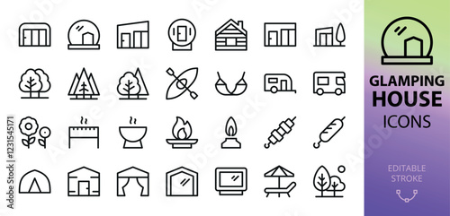 Glamping line icons set. Set of dome house, forest hut, glass house, glamp hotel, yurt, tent, weekend picnic, geodesic dome vector icon with editable stroke