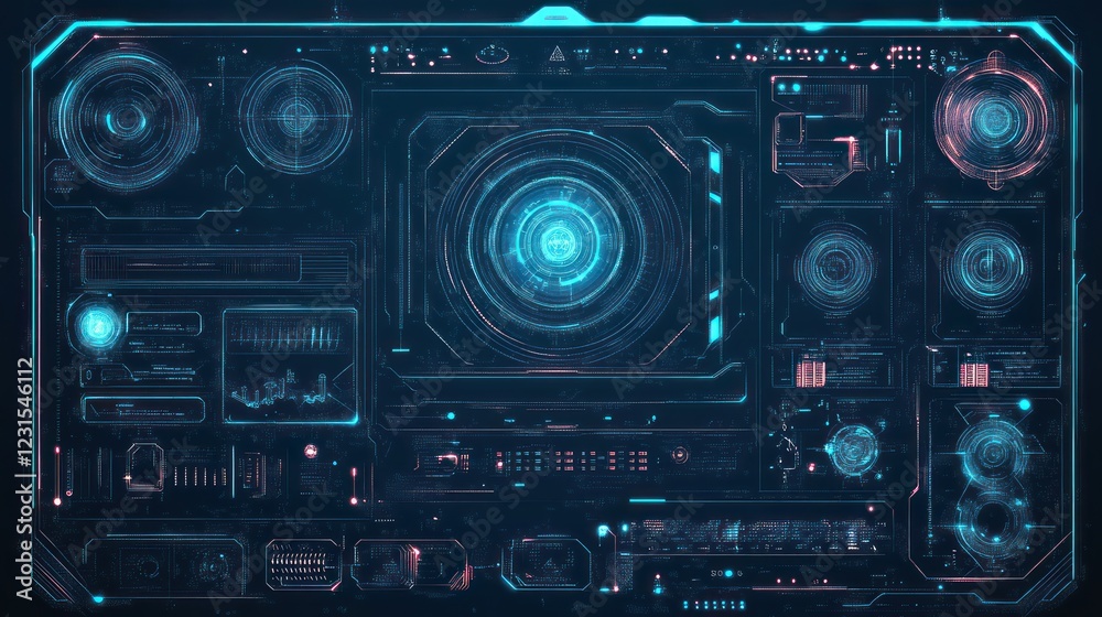 Futuristic control panel interface, glowing, dark background, data visualization, tech design Futuristic control panel interface, glowing, dark background, data visualization, tech design