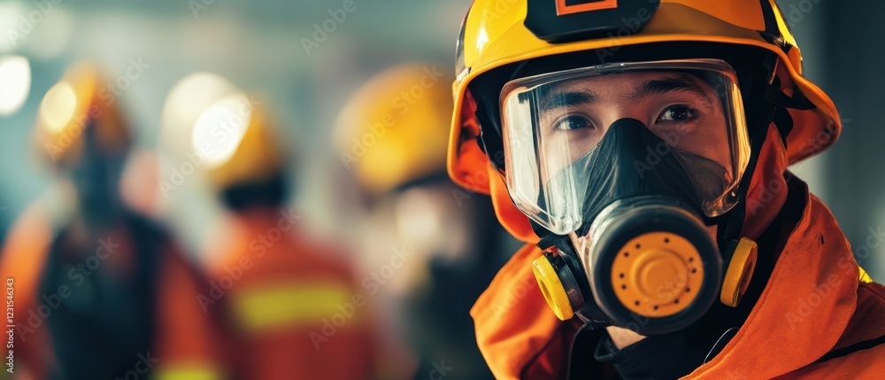 Firefighter wearing protective gear and mask during emergency response training with colleagues, showcasing teamwork, safety equipment, and rescue operations. Firefighter wearing protective gear and mask during emergency response training with colleagues, showcasing teamwork, safety equipment, and rescue operations.
