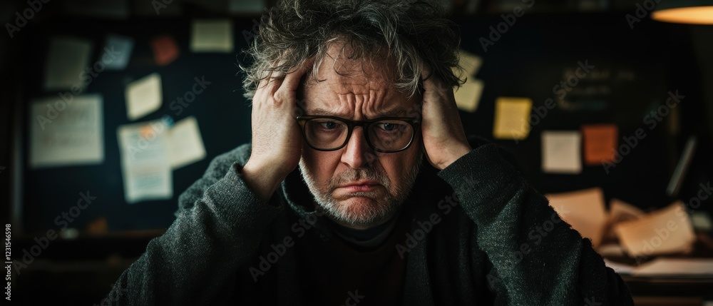 Frustrated man in glasses holding head while working at desk cluttered with notes. Stress, burnout, workplace challenges, and mental health awareness concept. Frustrated man in glasses holding head while working at desk cluttered with notes. Stress, burnout, workplace challenges, and mental health awareness concept.