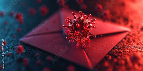 Virus on Red Envelope with Microbial Details Closeup
