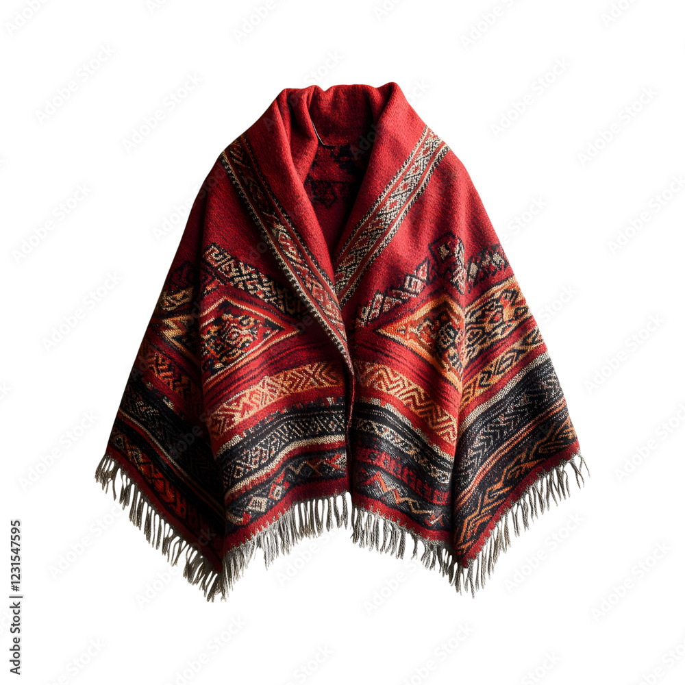 Rich Red Textured Wool Poncho with Black Pattern Isolated on Transparent Background Rich Red Textured Wool Poncho with Black Pattern Isolated on Transparent Background