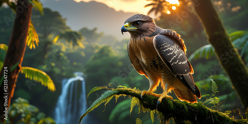 Javan Hawk on its habitat, Javanese Forest, extinct animal sunset, tropical forest, river, created by generative ai