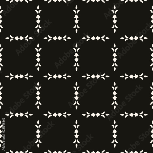 Simple minimalist floral pattern. Minimal seamless texture with small flower shapes. Abstract black and white geometric background. For print, package