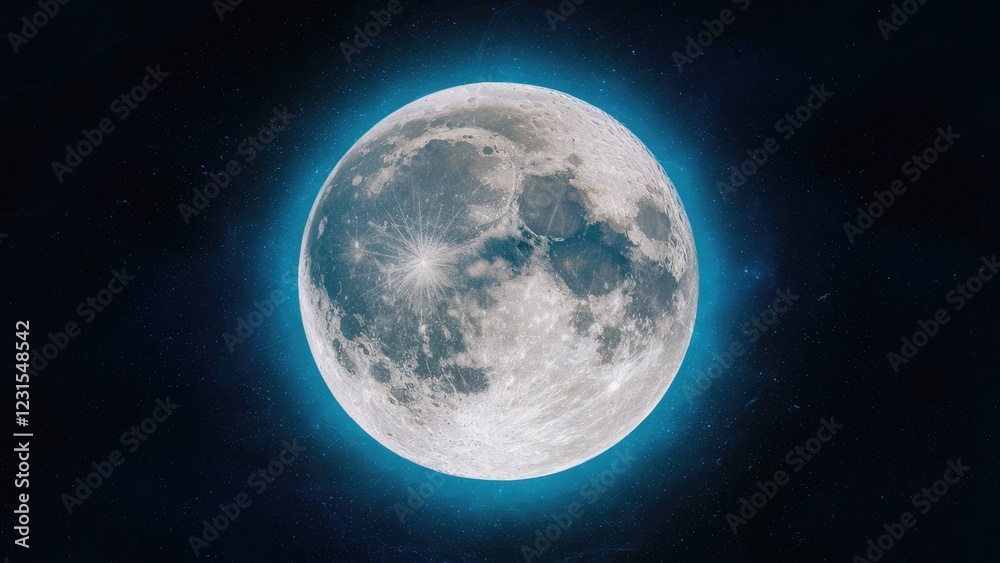 Fototapeta premium Detailed full moon captured through a telescope, bright white tones against a deep black background, showcasing lunar surfaces with blue glow effect.