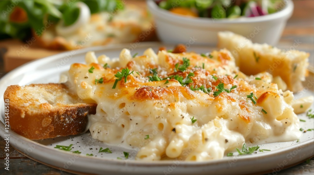 Creamy Macaroni Cheese Bake with Bread and Salad on a Plate Delicious Food Culinary Scene Creamy Macaroni Cheese Bake with Bread and Salad on a Plate Delicious Food Culinary Scene