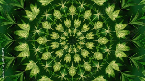 Kaleidoscope effect of green leaves forming an intricate ornamental design on a rich green background with vibrant patterns and symmetrical arrangement.