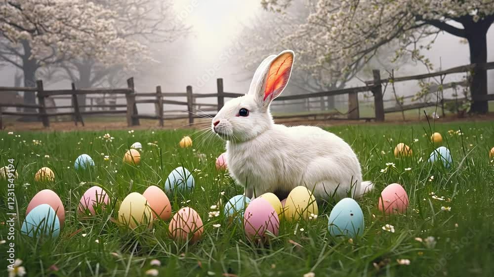 A fluffy white rabbit sits on fresh green grass surrounded by colorful pastel Easter eggs, with blossoming trees and a wooden fence in the soft, misty background.
