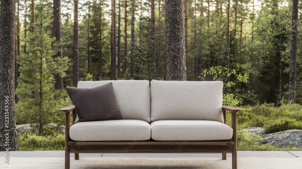 Modern Wooden Outdoor Sofa in Tranquil Forest Setting Modern Wooden Outdoor Sofa in Tranquil Forest Setting